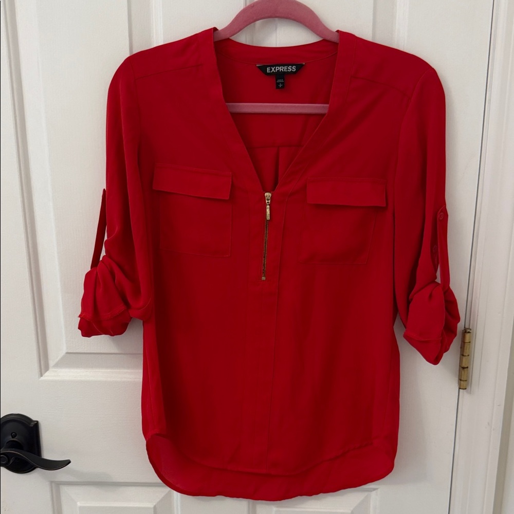 Express Women's Bold Red Blouse with Zipper Detail